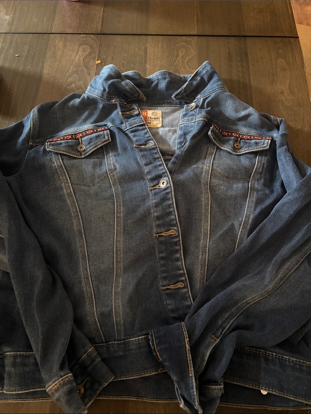 Ruff Hewn Dark Blue Denim Jacket with Embroidered Chest Trim